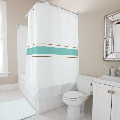 Stylish Teal Brown Center Racing Stripes On White Shower Curtain