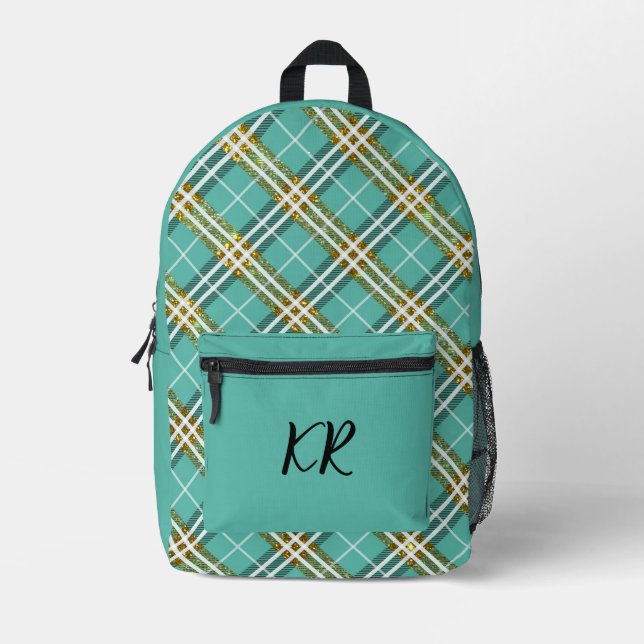 Stylish Teal Checkered Gold Glitter Border Initial Printed Backpack (Front)