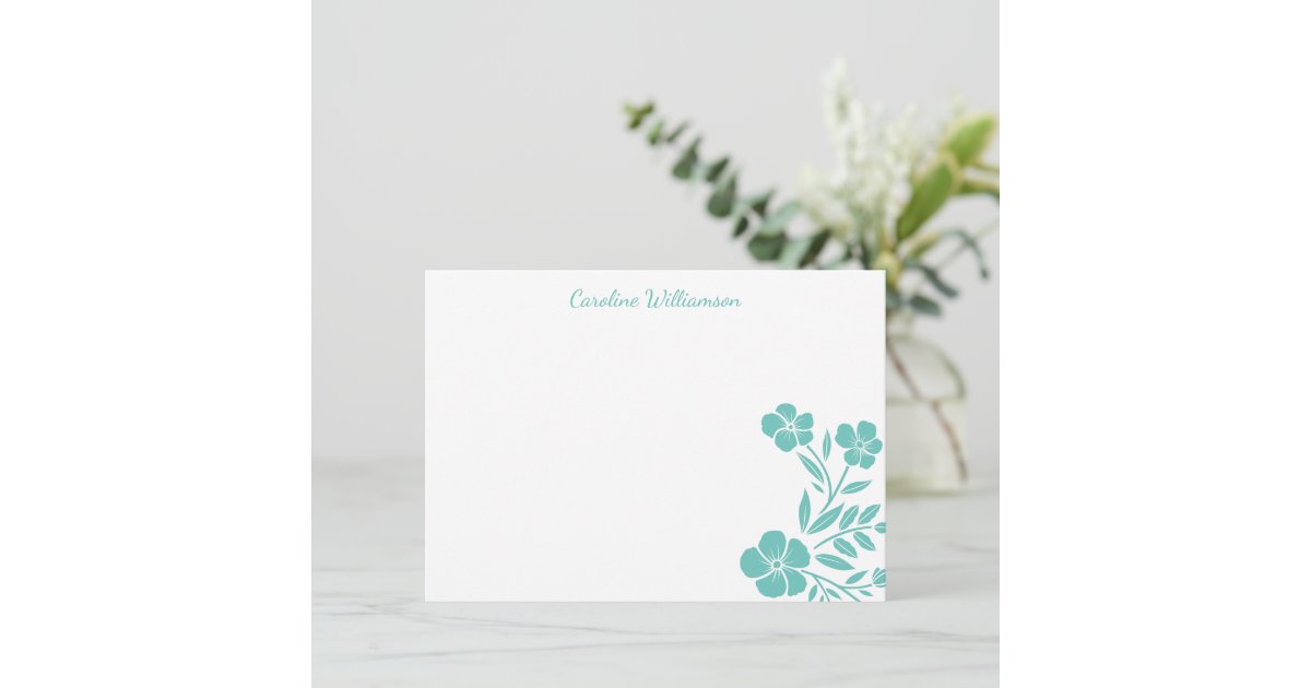 Stylish Teal Floral Drawing Personalized Script Note Card | Zazzle