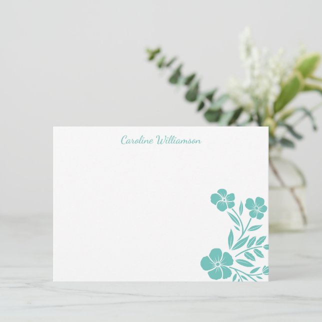 Stylish Teal Floral Drawing Personalized Script  Note Card (Standing Front)