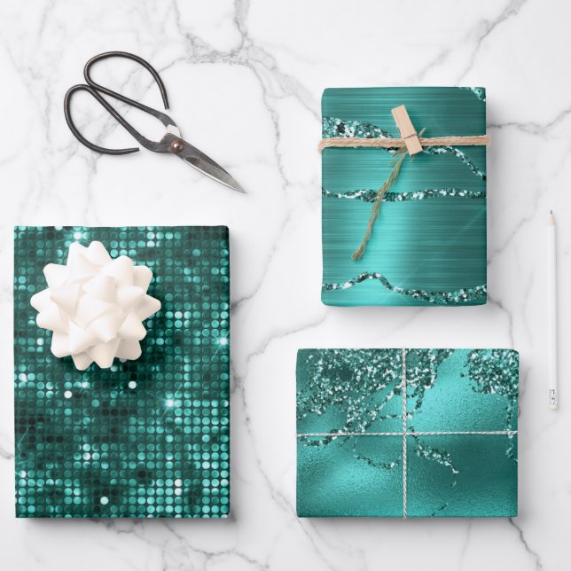 Stylish Teal Glitter and Marble Effect Patterns Wrapping Paper Sheets (Front)