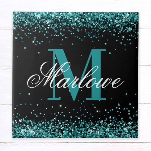 Stylish Teal Glitter Black White Monogram Ceramic Tile