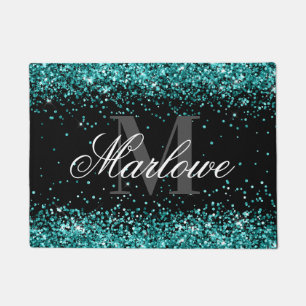 Stylish Teal Glitter Blue Green Monogram Doormat