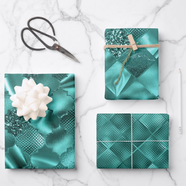 Stylish Teal Glitter Diamond Foil Patterns Wrapping Paper Sheets (Front)