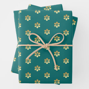 Stylish Teal & Gold Daisy Honeycomb Wrapping Paper Sheets