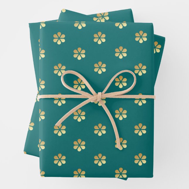 Stylish Teal & Gold Daisy Honeycomb  Wrapping Paper Sheets (In situ)