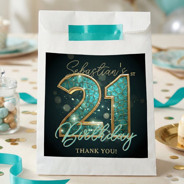 Stylish Teal Gold Mosaic Geometric 21st Birthday Favor Bag (Creator Uploaded)