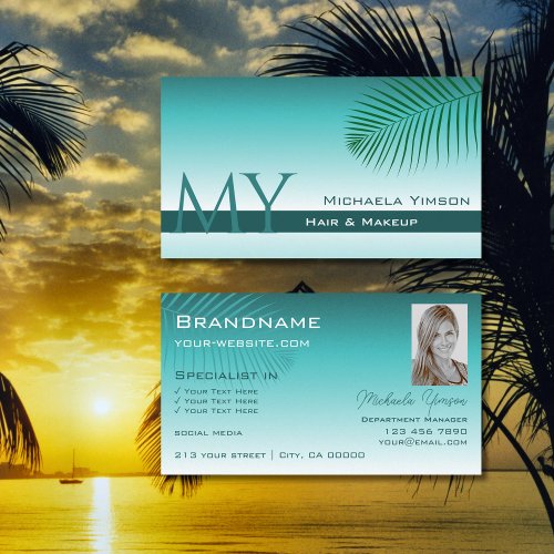 Stylish Teal Gradient Palm Leaf Monogram and Photo Business Card
