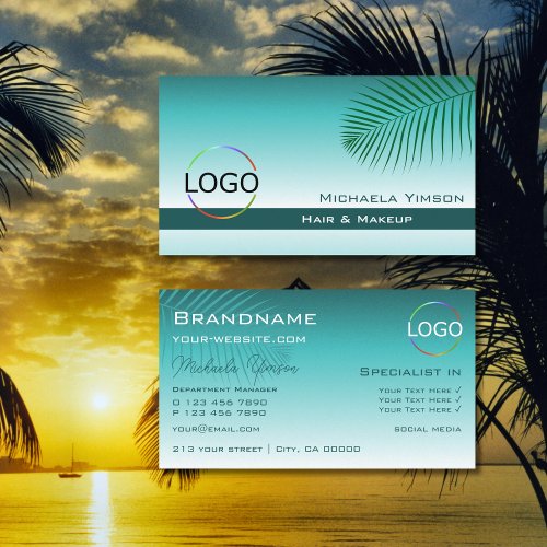 Stylish Teal Gradient Palm Leaf with Logo Modern Business Card