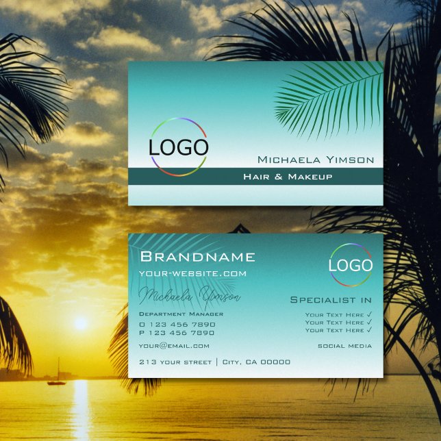 Stylish Teal Gradient Palm Leaf with Logo Modern Business Card (Creator Uploaded)