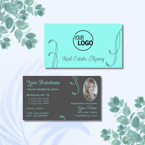 Stylish Teal Gray Chic Ornate with Logo and Photo Business Card