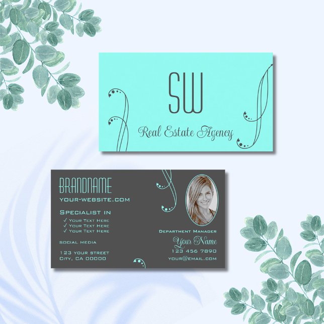 Stylish Teal Gray Ornate with Monogram and Photo Business Card (Creator Uploaded)