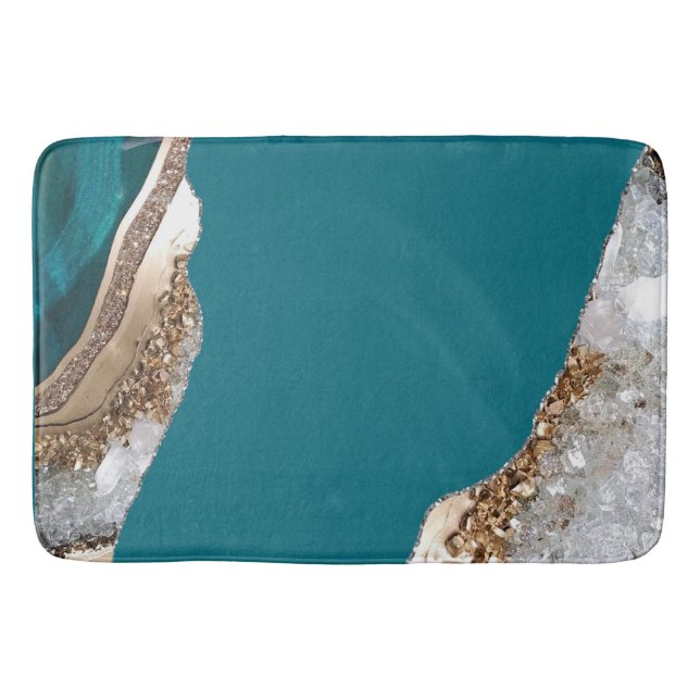 Stylish Teal Green Gold Agate Geode Chic Bath Mat (Front)