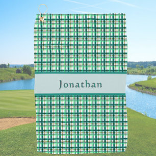Stylish Teal Green Plaid Personalized Name Golf Towel