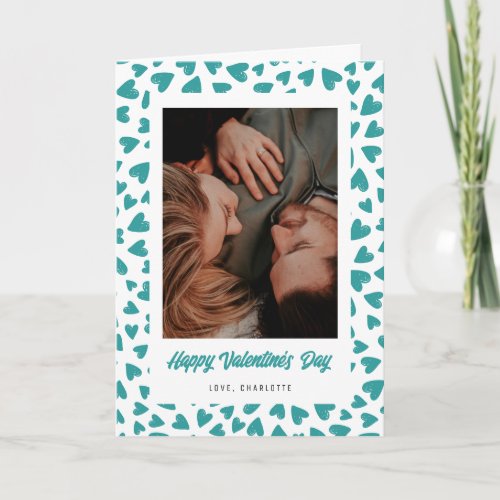 Stylish Teal Hearts Photo Valentines Day Holiday Card
