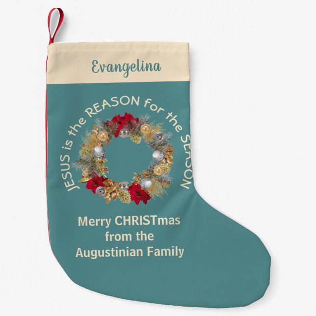 Stylish Teal JESUS IS THE REASON Small Christmas Stocking (Front)