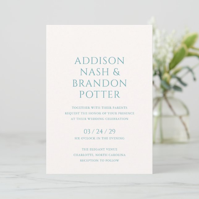 Stylish Teal Modern Wedding Invitation (Standing Front)
