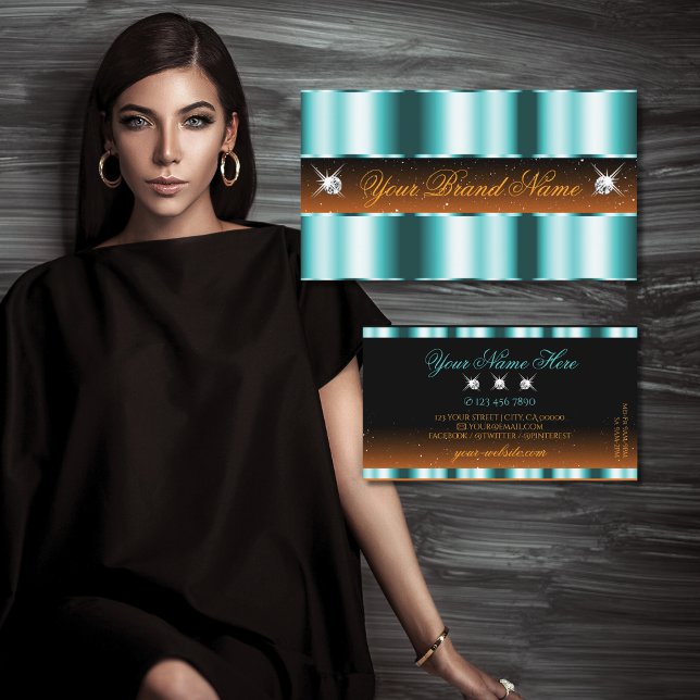 Stylish Teal Orange Black Sparkle Jewels Luxury Business Card (Creator Uploaded)