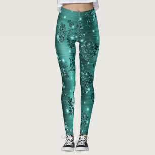 Stylish Teal Shimmer Glitter and Foil Floral Leggings