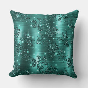 Stylish Teal Shimmer Glitter and Foil Floral Throw Pillow