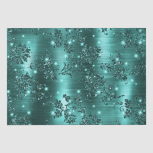 Stylish Teal Shimmer Glitter and Foil Floral Tissue Paper