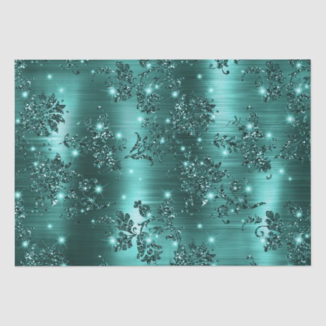 Stylish Teal Shimmer Glitter and Foil Floral Tissue Paper (Front)