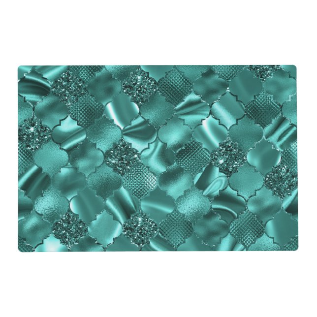 Stylish Teal Shimmer Glitter and Foil Quatrefoil Placemat (Front)