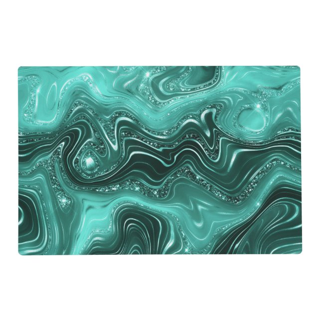 Stylish Teal Shimmer Glitter & Foil Strata Marble Placemat (Front)