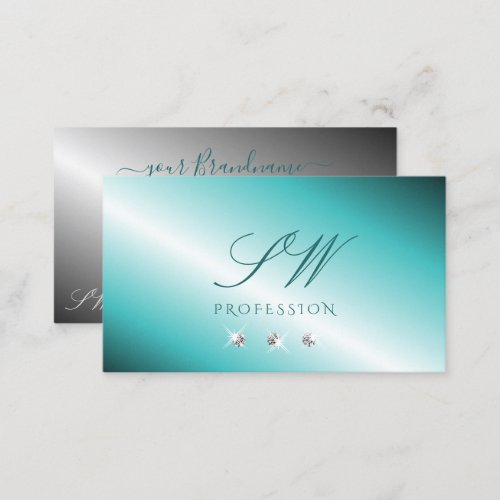Stylish Teal Silver Sparkling Diamonds Initials Business Card