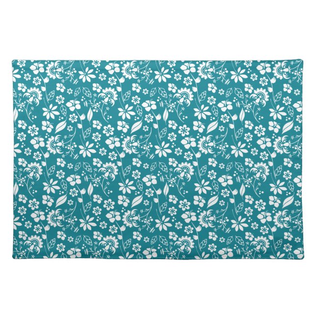 Stylish Teal Turquoise Blue Floral Pattern Cloth Placemat (Front)