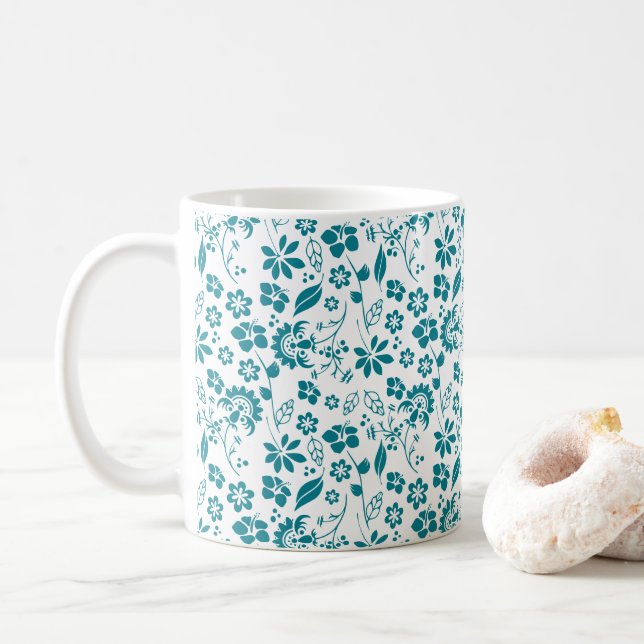 Stylish Teal Turquoise Blue Floral Pattern Coffee Mug (With Donut)