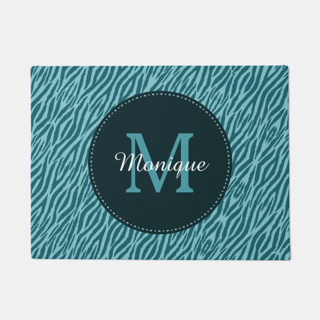 Stylish Teal Zebra Print With Monogram and Name Doormat (Front)