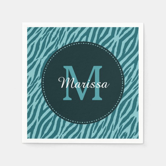Stylish Teal Zebra Print With Monogram and Name Paper Napkins (Front)