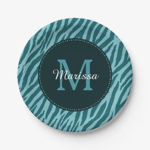 Stylish Teal Zebra Print With Monogram and Name Paper Plates