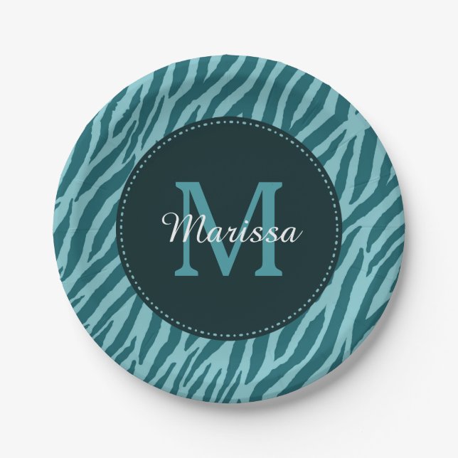 Stylish Teal Zebra Print With Monogram and Name Paper Plates (Front)