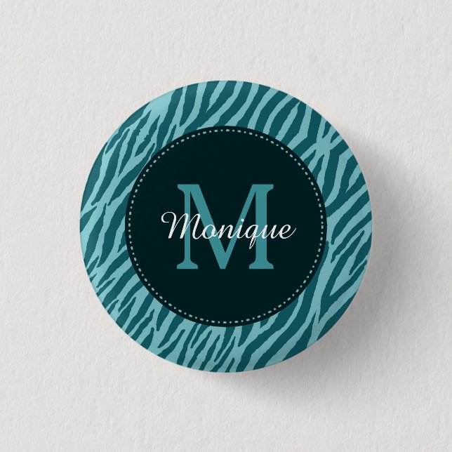 Stylish Teal Zebra Print With Monogram and Name Pinback Button (Front)