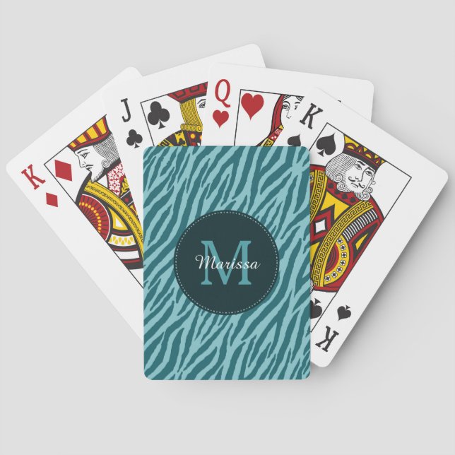 Stylish Teal Zebra Print With Monogram and Name Poker Cards (Back)