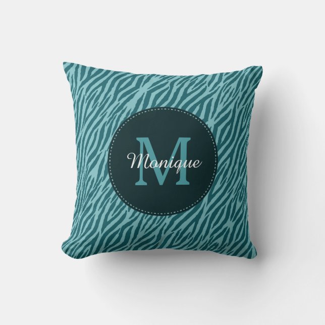 Stylish Teal Zebra Print With Monogram and Name Throw Pillow (Front)