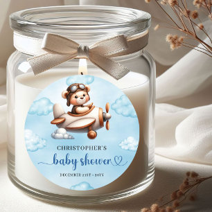Stylish Teddy Bear Pilot Airplane Blue Brown Baby  Classic Round Sticker
