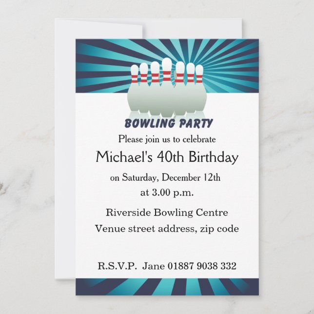 Stylish Ten Pin Bowling Birthday Party Invitation (Front)