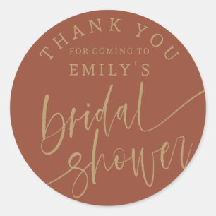 Stylish Terracotta Gold Script Bridal Shower Favor Classic Round Sticker