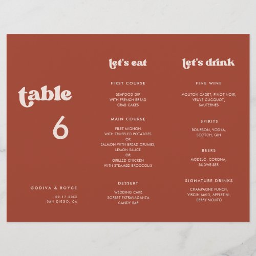 Stylish Terracotta Menu  Table number trifold