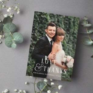 Stylish text bride & groom photo overlay wedding thank you card