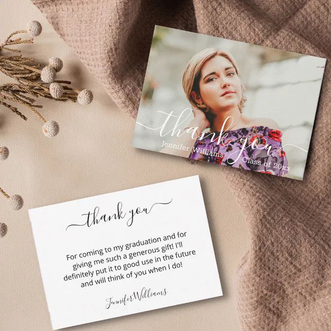 stylish thank you calligraphy photo graduation note card | Zazzle