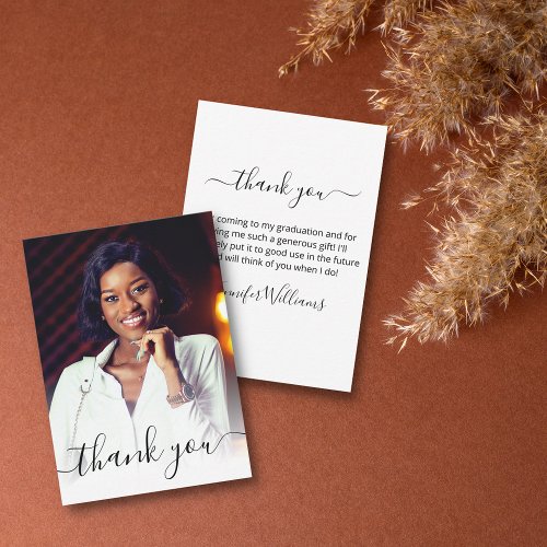 stylish thank you calligraphy photo graduation    note card