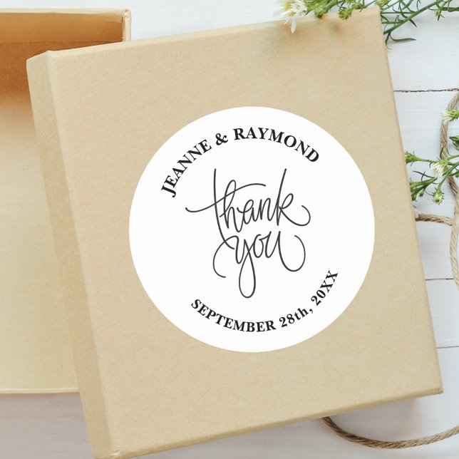 Stylish Thank You Calligraphy Wedding Favor Classic Round Sticker (Creator Uploaded)