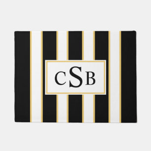 Stylish Three Letter Monogram Black White Stripe Doormat