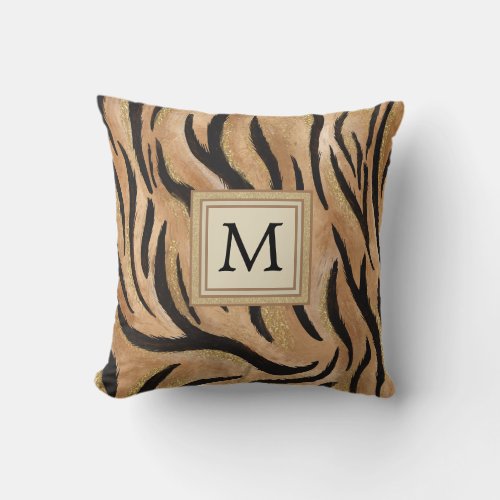 Stylish Tiger Print Wild Cat Safari Monogram Throw Pillow