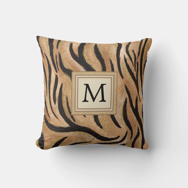 Stylish Tiger Print Wild Cat Safari Monogram Throw Pillow (Front)