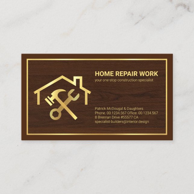 Stylish Timber Wood Gold Frame Building Business Card (Front)